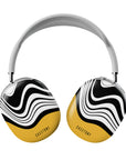 Front view of Radio Active AirPods Max Case featuring bold black and white wavy lines transitioning into a vibrant yellow base, creating a dynamic and modern design.