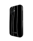 Front and side view of Black Vision Tough iPhone Case showcasing its minimalist black pattern and reinforced edges for added protection and a modern aesthetic.