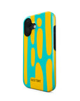 Front and side view of Sunstream Tough iPhone Case showcasing its dynamic sunbeam pattern and reinforced edges for enhanced protection and a striking aesthetic.