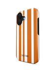 Front and side view of Pumpkin Stripes Tough iPhone Case showcasing its eye-catching orange stripes and reinforced edges for enhanced protection.
