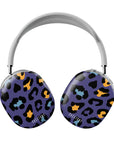 Front view of the Midnight Safari AirPods Max case, featuring a bold leopard print design in blue, light blue, yellow, and black with cheetah-inspired textures, and a white Casetony logo.