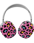 Front view of the Pink Safari AirPods Max case, featuring a dynamic leopard and cheetah print design in vibrant pink with bold patterns, and a white Casetony logo.