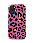 Front view of Pink Safari Tough iPhone Case featuring a vibrant pink leopard print design, offering stylish and durable protection for your device.