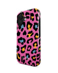 Front and side view of Pink Safari Tough iPhone Case showcasing its bold pink leopard print design and reinforced edges for enhanced protection.