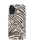 Front view of the Inkstream iPhone case, featuring a mesmerizing black fluid pattern on a creme background, with a black Casetony logo.