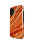 Front and side view of the Rustic Glow iPhone case, featuring a striking orange marble design that exudes warmth, elegance, and sophistication, with a white Casetony logo.