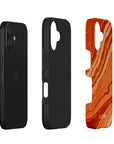 Exploded side view of the Rustic Glow iPhone case, showcasing its striking orange marble design, multiple protective layers, and a white Casetony logo.