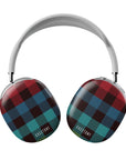 Front view of the Merry Grid AirPods Max case, featuring a festive grid pattern in blue, red, and green, with a white Casetony logo.