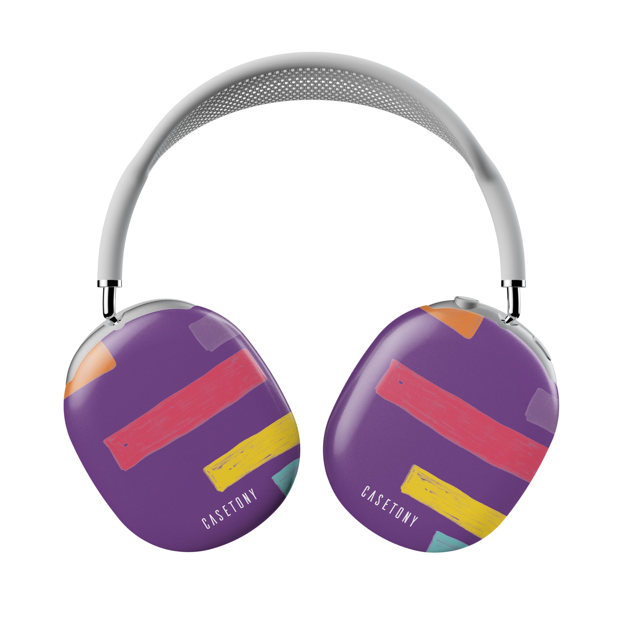 Front view of the Bold Hold AirPods Max Case featuring a purple design with multiple colourful paint splashes and white Casetony logo, offering bold style and reliable protection against scratches, dust, and daily wear.