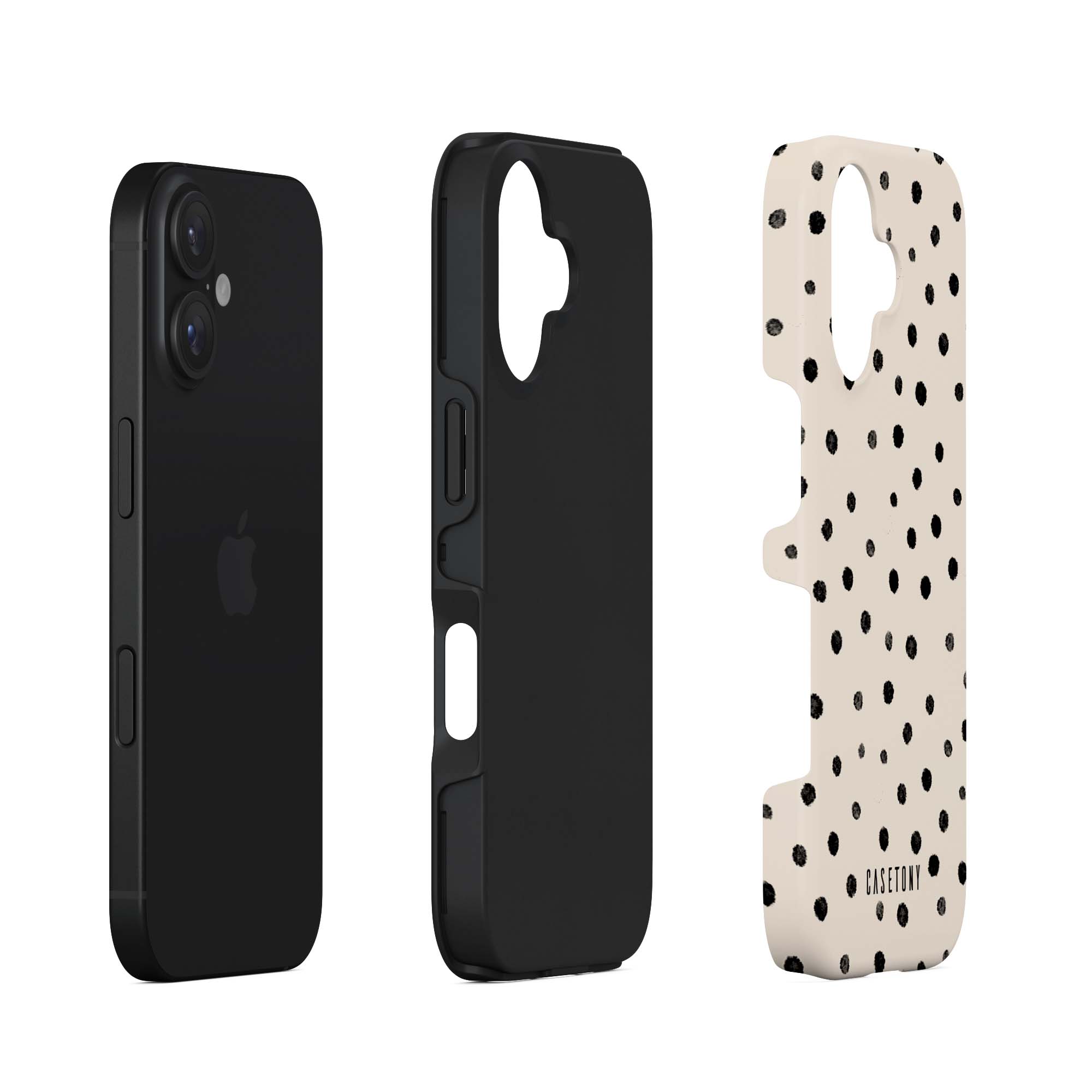 Exploded side view of Dotty Dream Tough Phone Case highlighting its protective layers, including a hard outer shell and shock-absorbing interior.